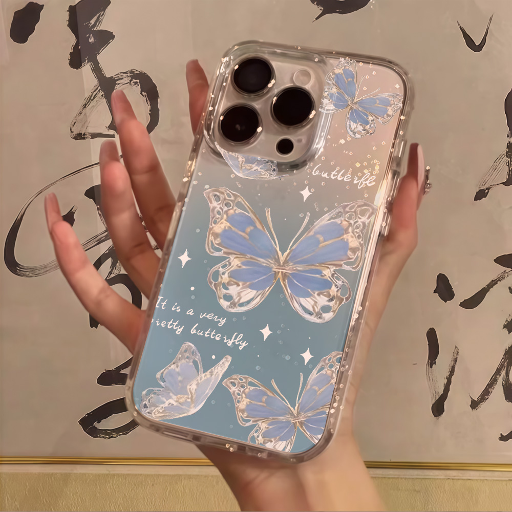 Clear Shockproof Bumper Case - Luxury Blue Butterfly Clear Glitter Phone